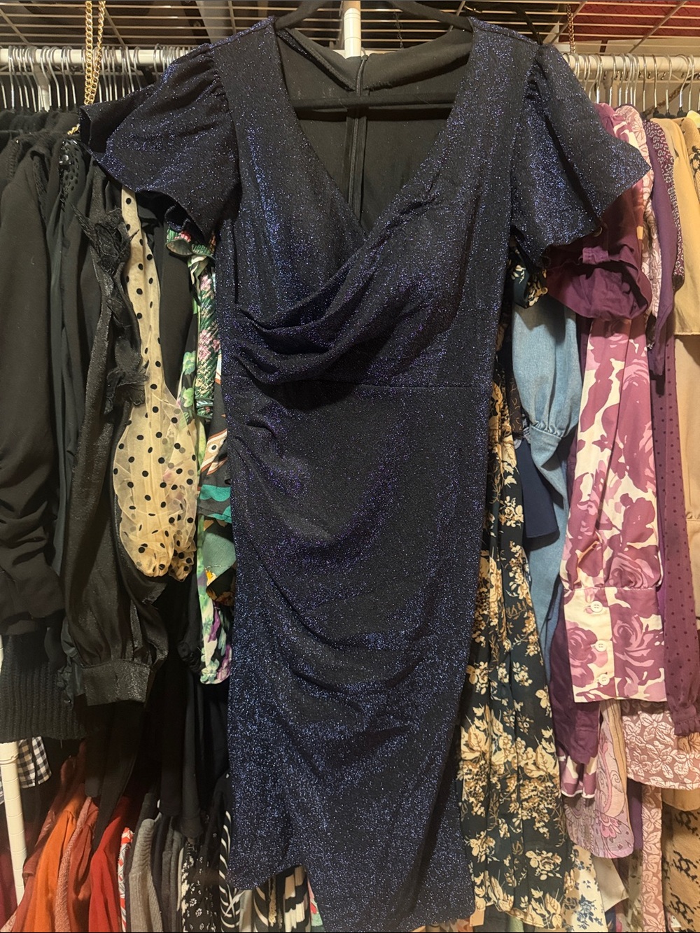 Navy Glitter Draped Midi Dress